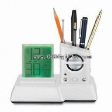 Multifunction color change digital calendar clock with penholder with radio images