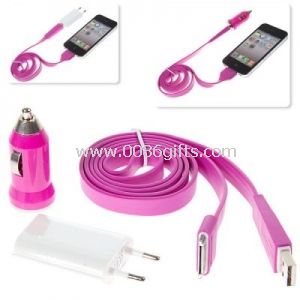 Charger Kit ( USB Power Charger + Car Charger + Noodle Style Flat USB Cable) for iPhone