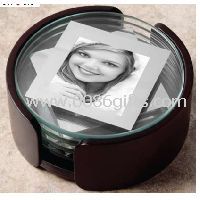 Round glass photo coasters with wooden holder