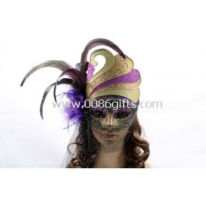 Plastic Hand Made Mask With Veil Glitter Purple Feather For Gift
