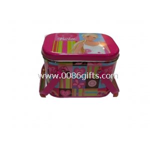 Printed Cartoon Pink Metal Tin Lunch Food / Cookie Box With Handle
