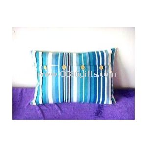 Stripe canvas fabric cushion with four wooden buttons on the back