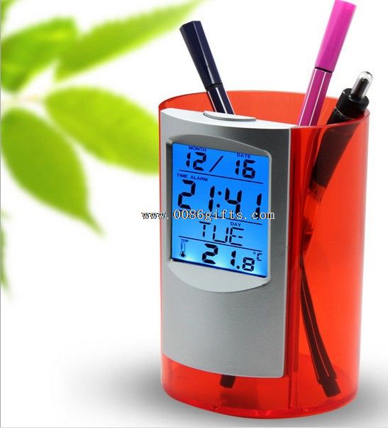Relógio de mesa com o suporte da pena do pulso de disparo do calendário LCD em mudança da cor