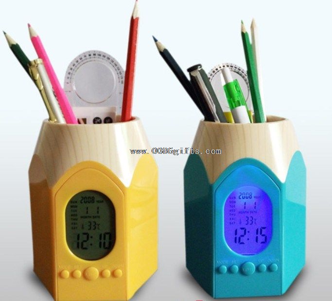 LCD LED digital display promotion wooden pen holder clock