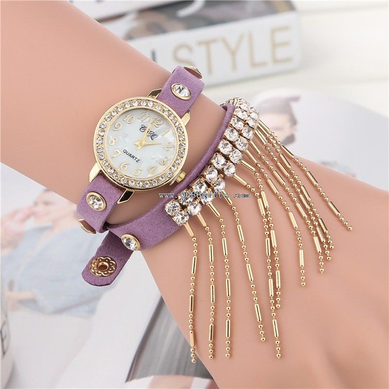 Leather Long Strap Women Watch With Diamond