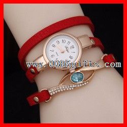 Leather Wrap Bracelet Watch with Crystal Charm