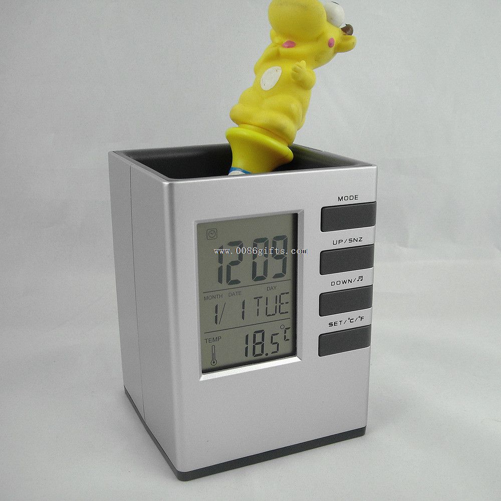 Pen holder with LCD alarm clock