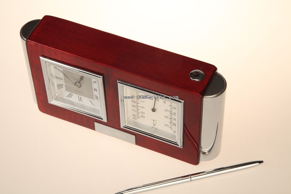 Relógio de mesa de madeira de suporte de caneta