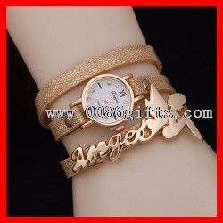 Romantic Angel Charm Bracelet Three Wraps Leather Band Watch