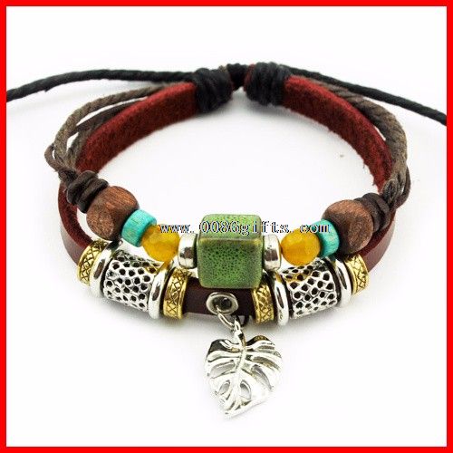 Silver Leave Charm Leather Bracelet