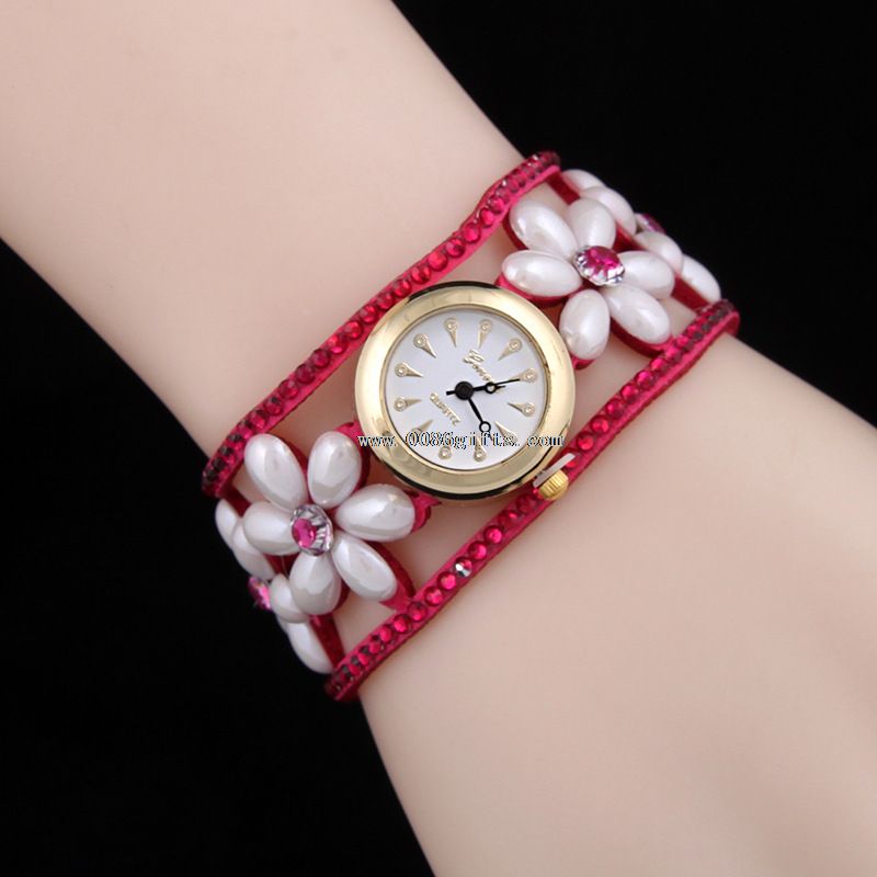 leather strap pearl quartz wrist watch