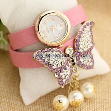 Plné diamond motýl vintage kožené hodinky