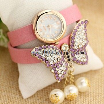 Reloj de cuero vintage mariposa diamante completo