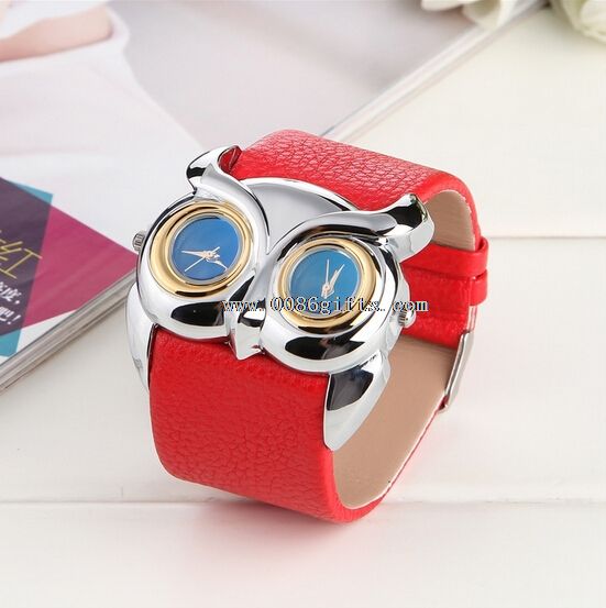 two face two quartz leather owl design wristwatch