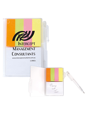 Bloc de notas de bolsillo amigo y Noteflags con pluma