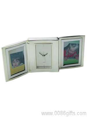 Nickel Plated Double Photo Frame With Alarm Clock