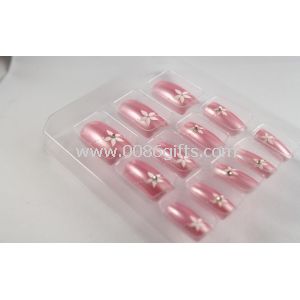 3D Pink Flower Fingers Fake Nails Glass Stone