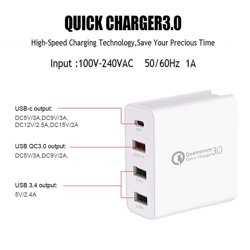 شاحن حائط 48W PD QC 3.0 بأربعة منافذ ومحول سفر عالمي بقابس UK US EU