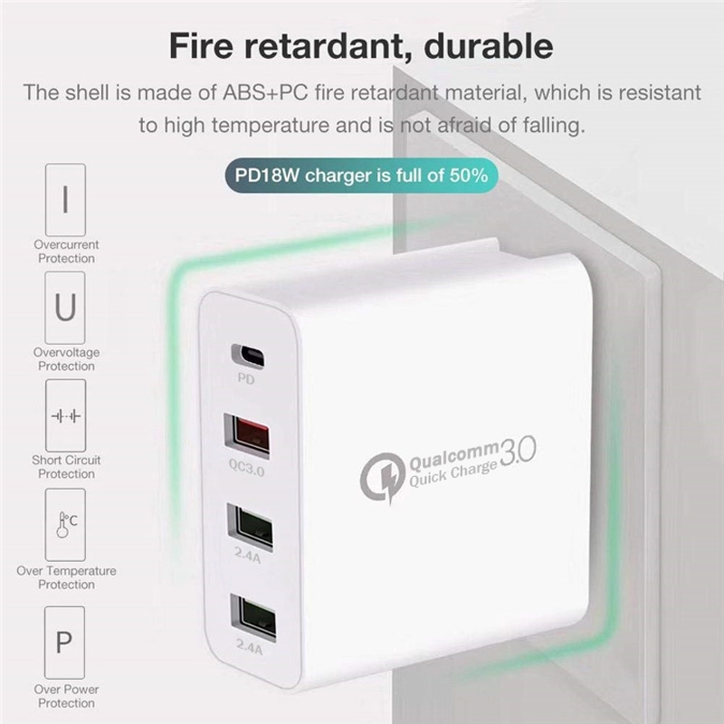 شاحن حائط 48W PD QC 3.0 بأربعة منافذ ومحول سفر عالمي بقابس UK US EU