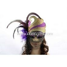 Plastic Hand Made Mask With Veil Glitter Purple Feather For Gift images