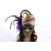 Plastic Hand Made Mask With Veil Glitter Purple Feather For Gift images