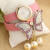 Volle Diamant Schmetterling Vintage Leder Armbanduhr images