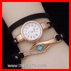 Leather Wrap Bracelet Watch with Crystal Charm