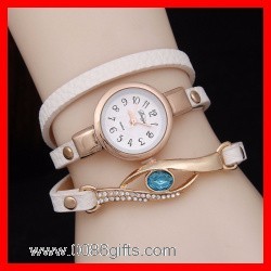 Leather Wrap Bracelet Watch with Crystal Charm