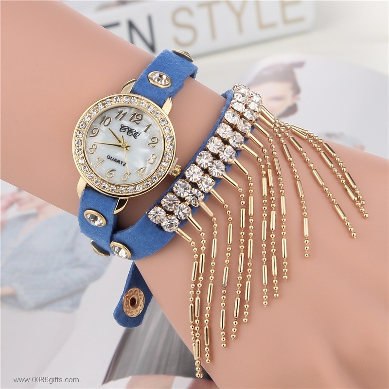 Leather Long Strap Women Watch With Diamond