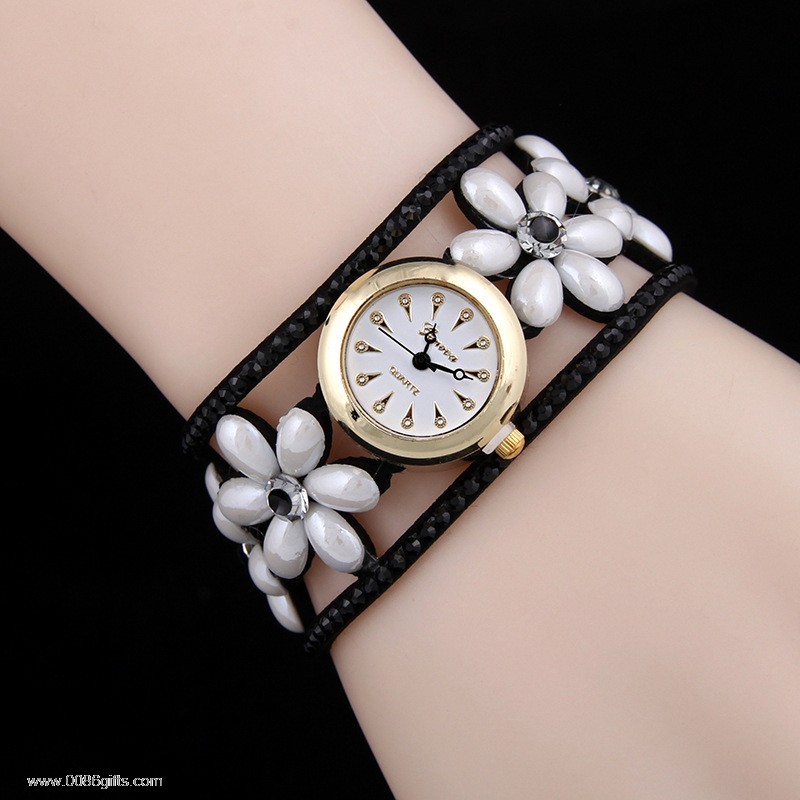 leather strap pearl quartz wrist watch